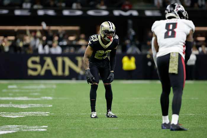 Saints CB Marshon Lattimore (23) matches up on Falcons TE Kyle Pitts (8) in coverage. Credit: USA TODAY
